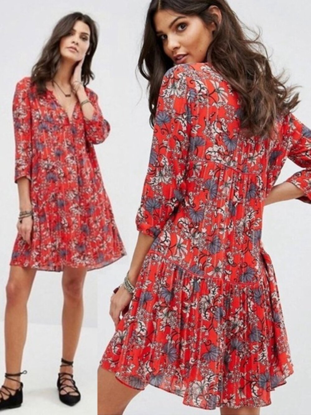 ba&sh Eve Red Floral Metallic Boho Flowy Dress Size 2, US 8 Medium Flowy $235